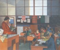 Oil on canvas of schoolroom, indistinctly signed lower left, possibly P La Japale,