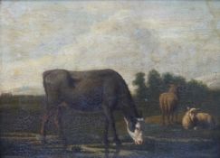 A 19thC oil on panel of a cow and sheep grazing, 16cm x 22cm,
