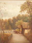 Henry Harris (1852-1926) oil on canvas thatched lodge house with figures,