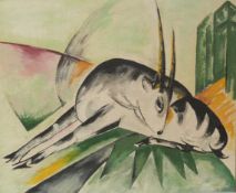 In the manner of Picasso stylised antelope or similar animal relaxing,