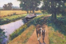 A J Avery oil on canvas of a man and horse pulling a narrowboat along a rural canal,