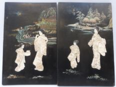 A pair of late 19th/20thC Japanese shibayama panels depicting ladies in relief in carved bone