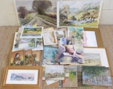 Approximately forty mainly watercolours including Chinese junk, English landscapes, some named,