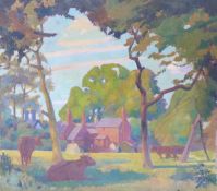 Oil on board of farmstead with cows resting in the shade, inscribed verso R Gueyan, Rickmansworth.