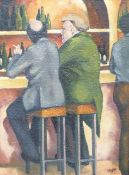 S Byrne oil on board of two men talking at a bar, signed lower right,