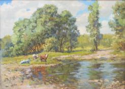 Viktor Krassilnikov oil on canvas cows watering,