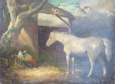 Oil on canvas of grey horse and dog, unsigned,