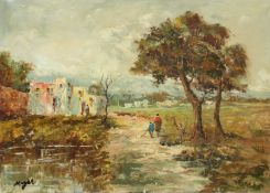 Oil on canvas possibly Middle Eastern scene, indistinctly signed possibly Meyer,