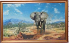 Thomas Newman oil on canvas laid on board study of a bull elephant with zebra beyond,