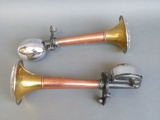 A pair of Trico copper and brass car air horns,
