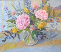 Joan Dale oil on canvas of peonies and other flowers, monogrammed JD lower right, 29cm x 34cm,