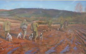 Andrew Quelch pastel 'Onto the Next Drive' shooting party in a field, signed lower right,