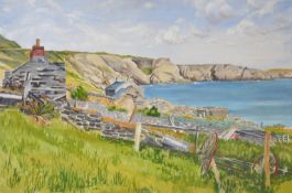 Stan Cotterell acrylic on board possibly Shetland coastal landscape, 50 x 76cm,