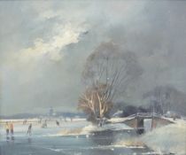 Oil on board ice skating scene indistinctly signed possibly Keller lower right, 24 x 29cm,