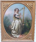 A 19thC oil on canvas of lady with harp in a garden, inscribed verso 'A Sasso & Son, Florence',