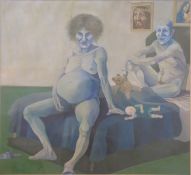 Oil surrealist study of a couple sitting on a bed,