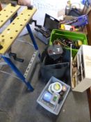 A quantity of garage tools to include leads, wheel clamp, socket set, charger,