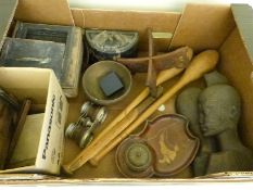 An Art Nouveau inlaid inkwell, early 20thC African rosewood busts, Chinese stand,