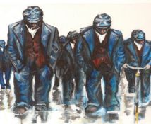Manner of Norman Cornish oil on canvas of men heading to work, in the Northern style,