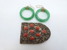 A pair of jadeite earrings and silver item set with coral marked China