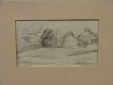 Martin Ridley pencil sketch of ducks sitting, signed lower right, 16.5 x 28.