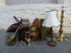 A quantity of brass and other metalware including copper kettle, coal scuttle,