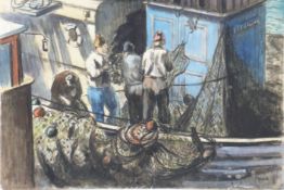 Marjorie Mort (1906-1989) watercolour fishermen repairing nets, possibly Cornish,