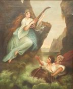A 19thC oil on canvas of a Siren playing a mandolin to two shipwrecked mariners,