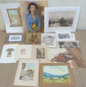 A quantity of etchings and prints including R E Roe harbour scene, W H Simon,