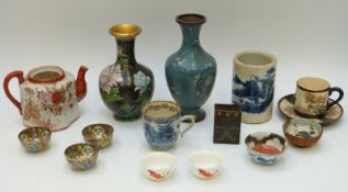 Two cloisonné vases, 19thC Chinese blue and white brush washer, Chinese blue and white coffee cup,