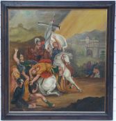 Oil on canvas of Roman soldiers, horsemen and castle beyond,