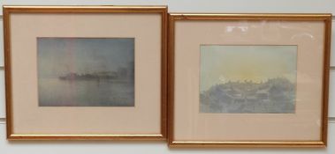 Rod Pearce (b1942) pair of watercolour skyline scenes, one titled Dawn, both signed lower right,