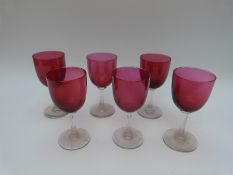 Six Victorian cranberry glass wine goblets