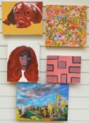 Five modern oil or acrylic on canvas including a portrait of a dog, Julie Sadeh abstract etc.
