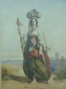 A 19thC watercolour of a lady in Sicilian/Maltese attire with staff,