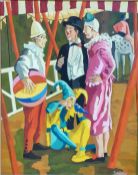 D Knight oil on board of clowns, signed lower right,