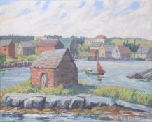 W H Wright oil on board of the harbour, Rockhurst, Nova Scotia, probably first quarter 20thC,
