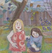 Jo Hodson 'Esme and Paul laughing', two women in a garden, inscribed verso,