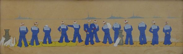 G de Vertury humorous gouache of sailors urinating on a quayside with battleships beyond,