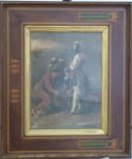 A 19thC/20thC watercolour of two continental soldiers watching two men possibly playing dice,
