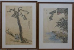 A pair of Chinese hand coloured prints with seal marks,