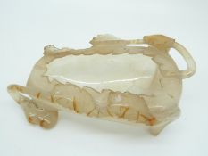 A Chinese carved agate brush washer with leaf decoration, 11 x 8 x 3.