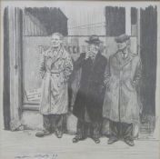 Pencil drawing of three figures in front of a shop, indistinctly signed and dated lower left,