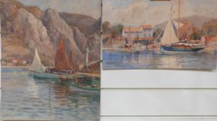 Arthur Netherwood (1864 - 1930) watercolour boats with cliffs beyond, signed lower right,