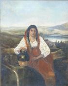 E Lawrence 19thC oil on canvas of a Sicilian / Maltese lady with pitcher beside a spring,