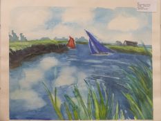 Carolyn White (1945-2013) watercolour 'Sailing Boats, Norfolk Broads', monogrammed lower right,