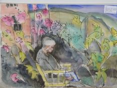 Carolyn White (1945-2013) watercolour 'Drawing in the Garden, Upper Leazes, Stroud',