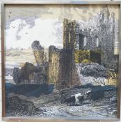 Post-modern landscape with castle in the style of John Piper,