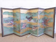 A 19thC Chinese painted six fold division screen depicting pagodas and landscape scenes,
