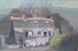 Freddie Baker 'Sheep at Chidgley', sheep being driven down a road beside a thatched cottage,